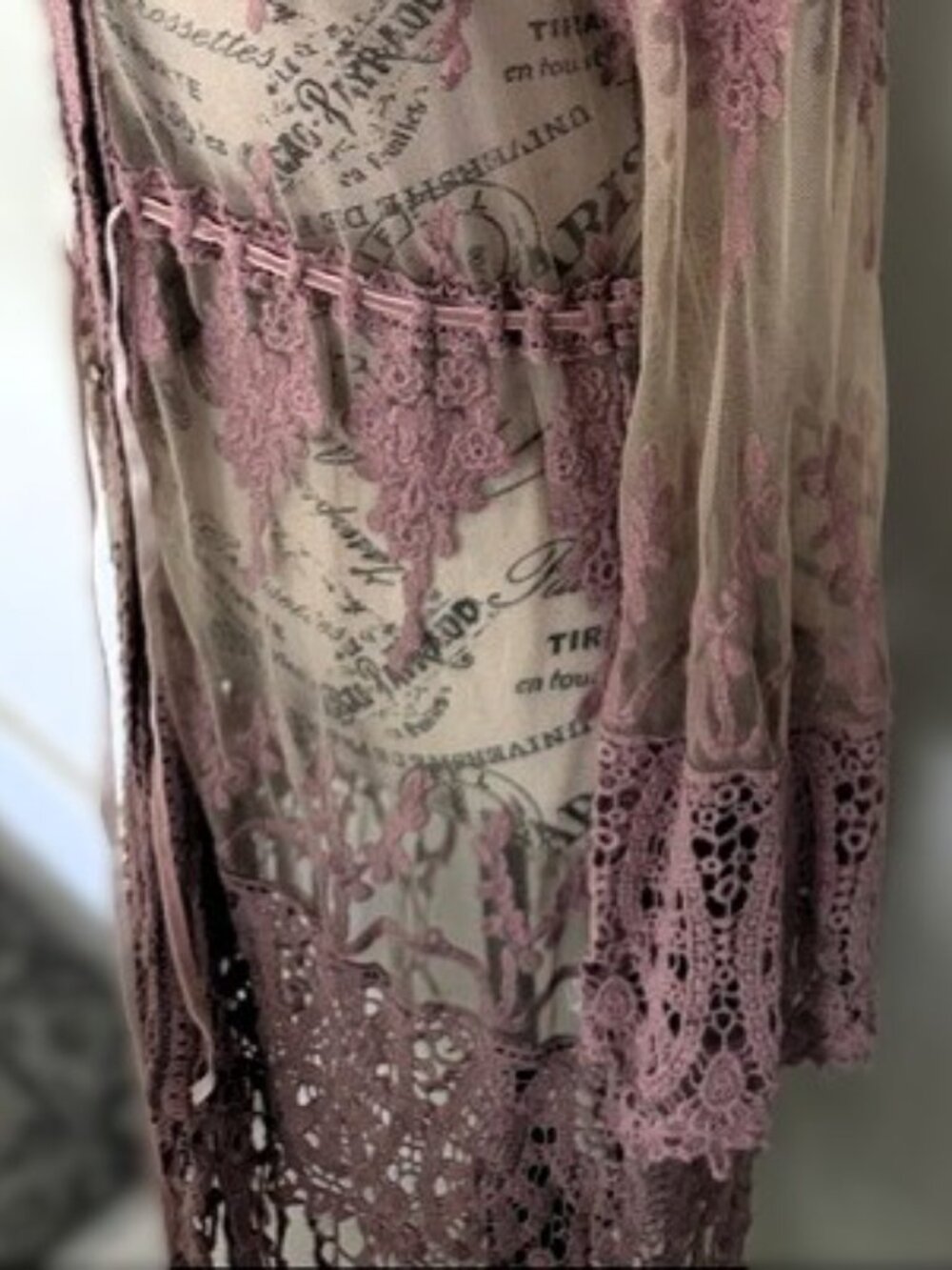 Given Kale Sheer Lace Duster Large Dusty Rose Crochet Fringe Boho